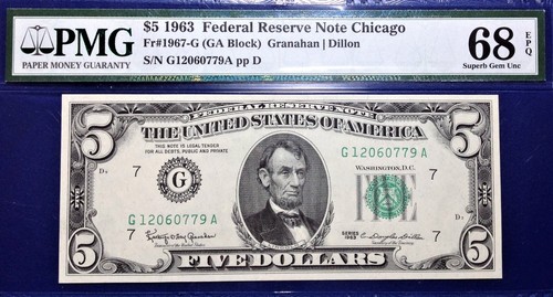 1963 $5 Federal Reserve Note Fr-1967-G Chicago PMG68 Superb Gem EPQ