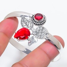 Red Garnet Gemstone Handmade 925 Sterling Silver Jewelry Cuff Bracelet Sz 7-8"
