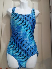 SPEEDO Blue Water VINTAGE Swimsuit Wide Cut 12 One-Piece Cross Back Square Wave