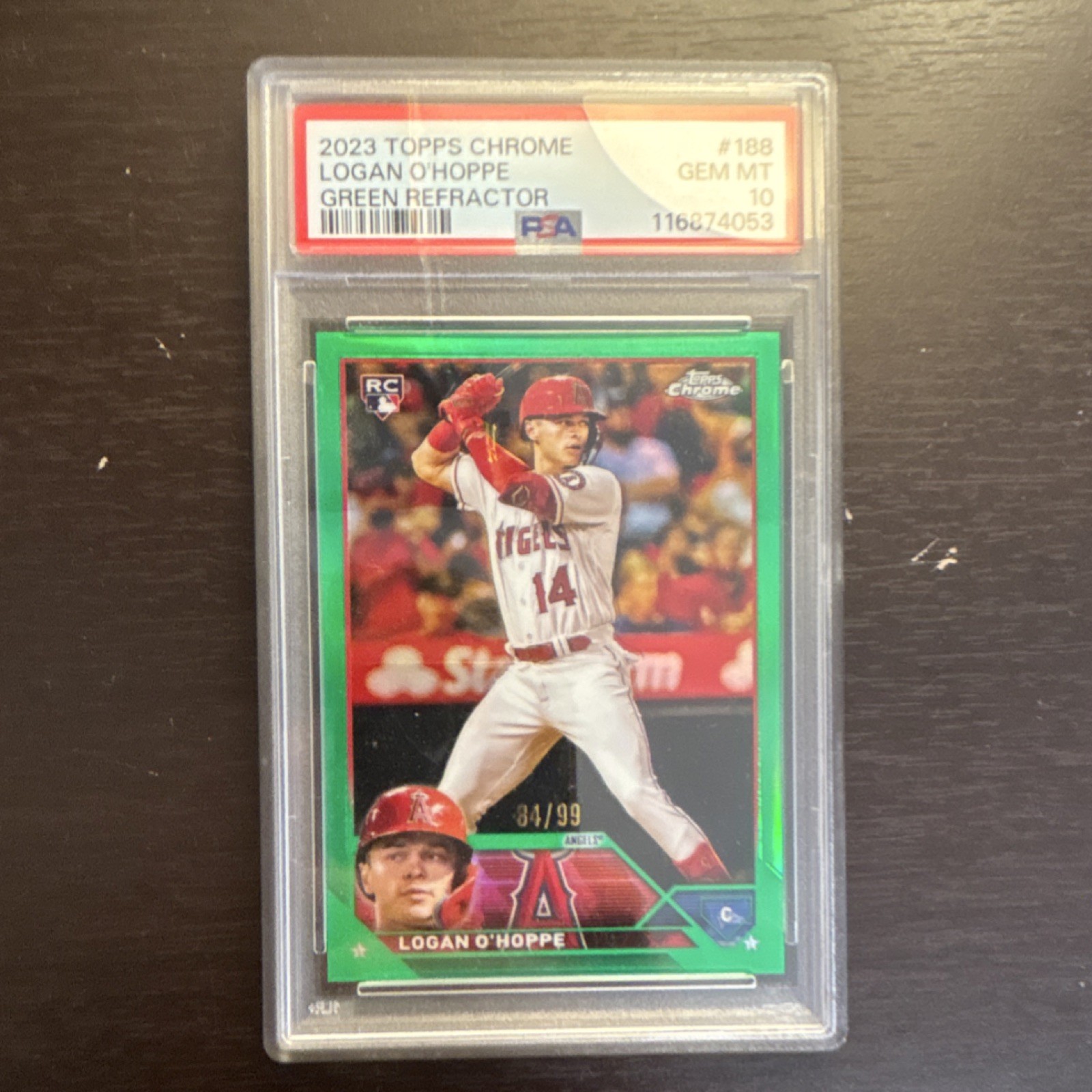 2023 Topps Chrome Logan O'Hoppe #188 Green Refractor /99 (RC, PSA 10)