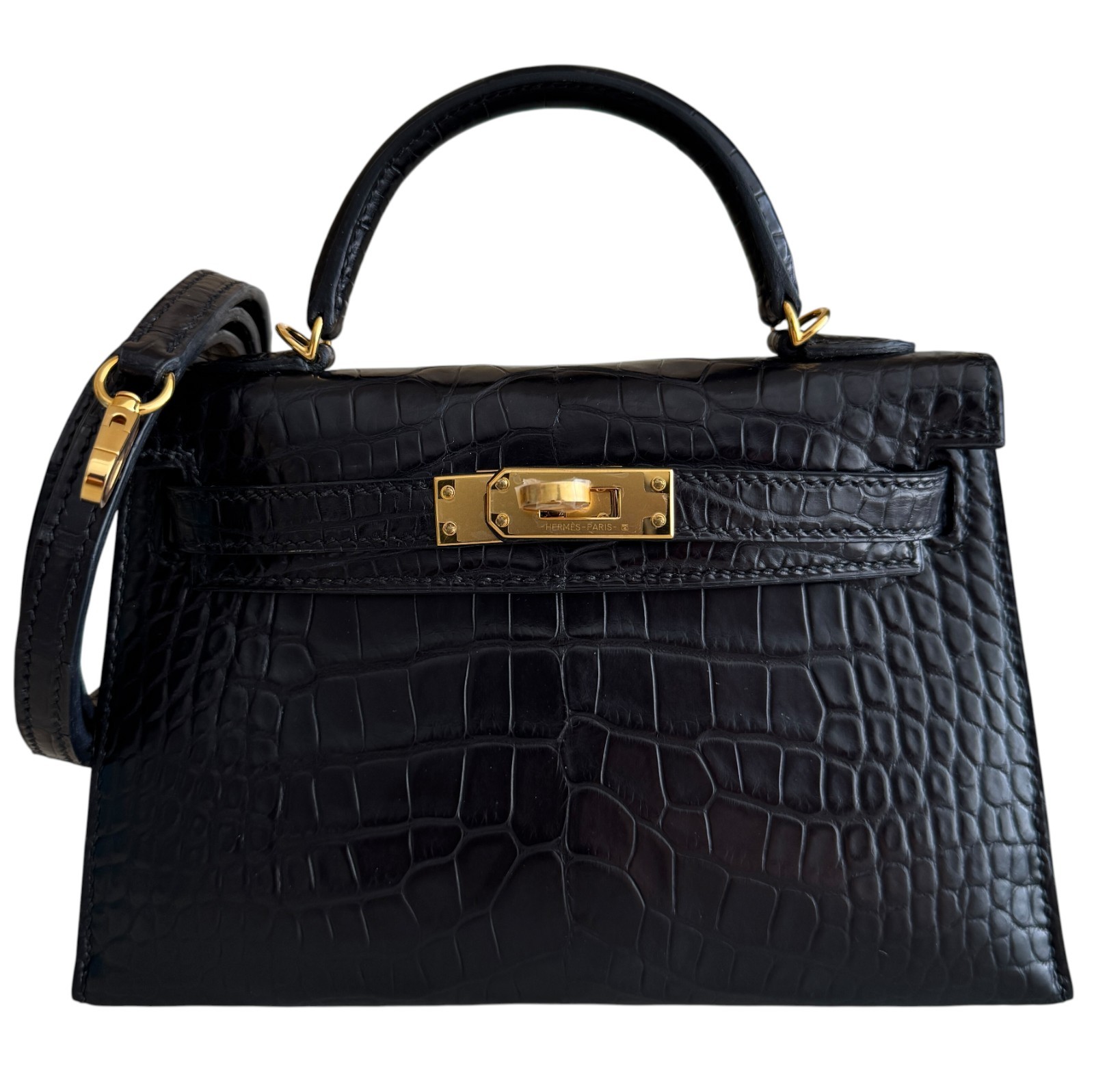 Hermes Kelly Mini 20 Matte Alligator Leather Black Noir Gold Hardware