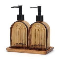 Glass Soap Dispenser Set with Wooden Tray, 13.5Oz Refillable Liquid Modern Soap
