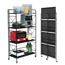 Foldable Metal Shelf with Wheels - Folding Bookshelf Unit 4-Tier Matte Black