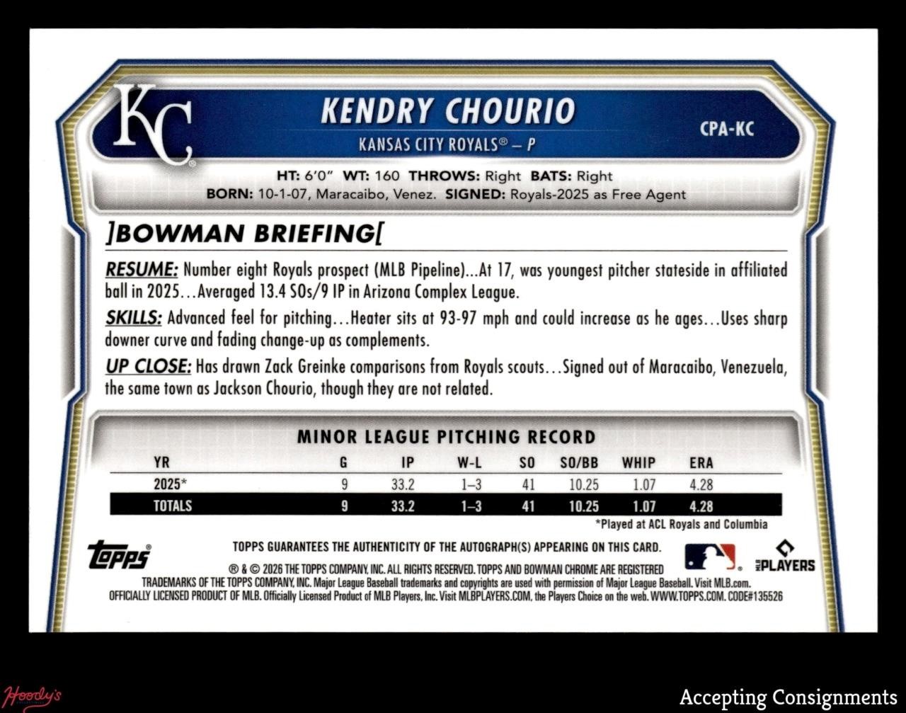2026 Bowman Chrome Orange Refractors Kendry Chourio 1st ROOKIE AUTO 14/25 ROYALS view 2