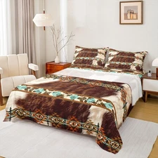Cowhide Fitted Sheet Brown Highland Cow Print Sheet Set,Western Bed Sheets Qu...