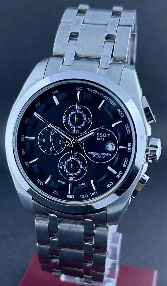 Reloj pulsera vintage para hombre Tissot 1853 cuarzo esfera negra cronógrafo fecha funcionando Foto 3 de 4