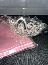 New Crystal Crown Tiara Silver for women or teens with Pink Satin Gloves