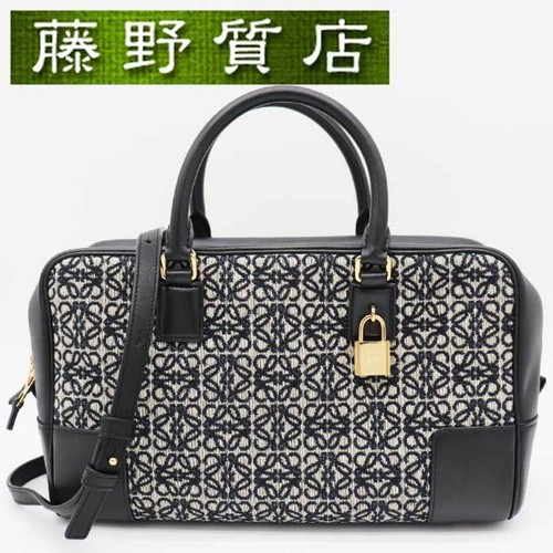 Loewe Amasona 28 canvas leather navy beige gold hardware 2 way bag Used FUJI-0