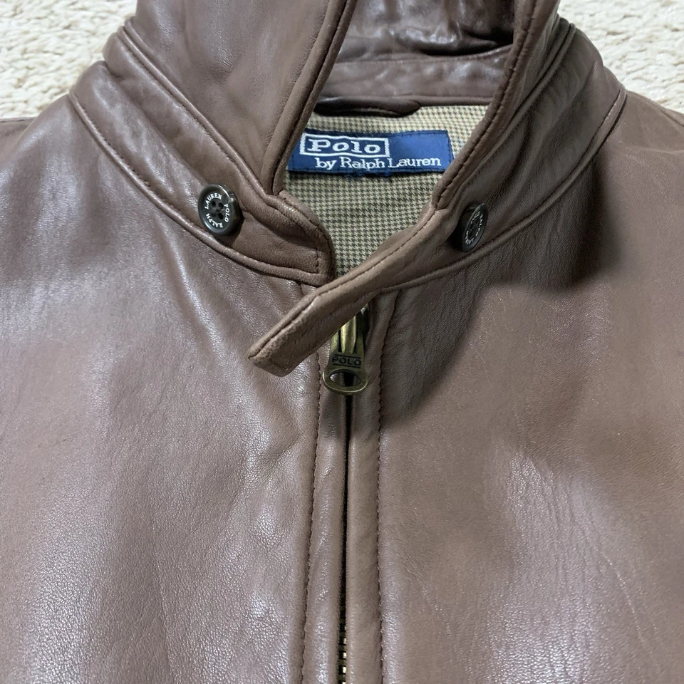 Chaqueta de bombardero vintage Polo Ralph Lauren marrón mantequilla cuero suave con pony para hombre L Foto 4 de 4