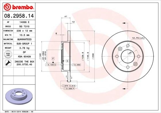Disque de frein arrière Brembo 08.2958.14 pour kit de freinage Renault Clio 2 et Dacia Sandero 4 trous