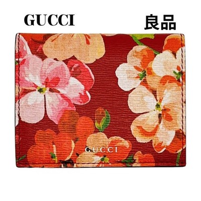 GUCCI GG Blooms Flora Floral Bifold Wallet Blue Canvas Leather Compact Case