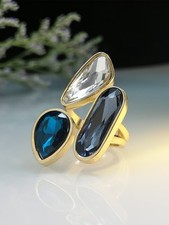 Royal Blue Gold Tone Triple Stone Adjustable Women Ring