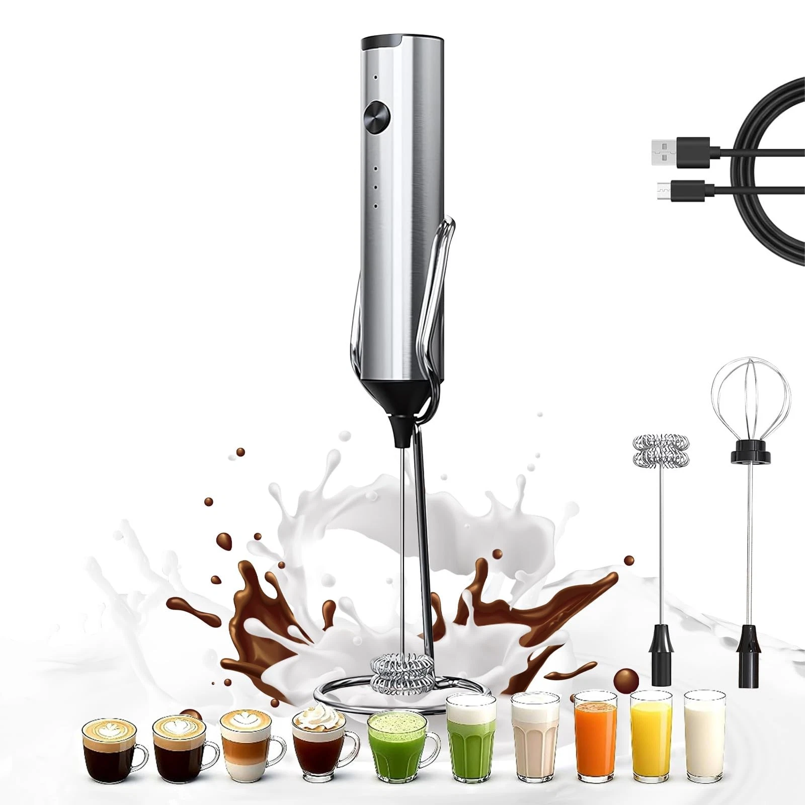 Upgraded Rechargeable Milk Frother Handheld, 3-Speed Frother with 2 Whisks (F...