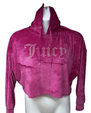Juicy Couture Vintage Y2K Pink Velour Pullover Crop Hoodie Shirt Top Large Bling