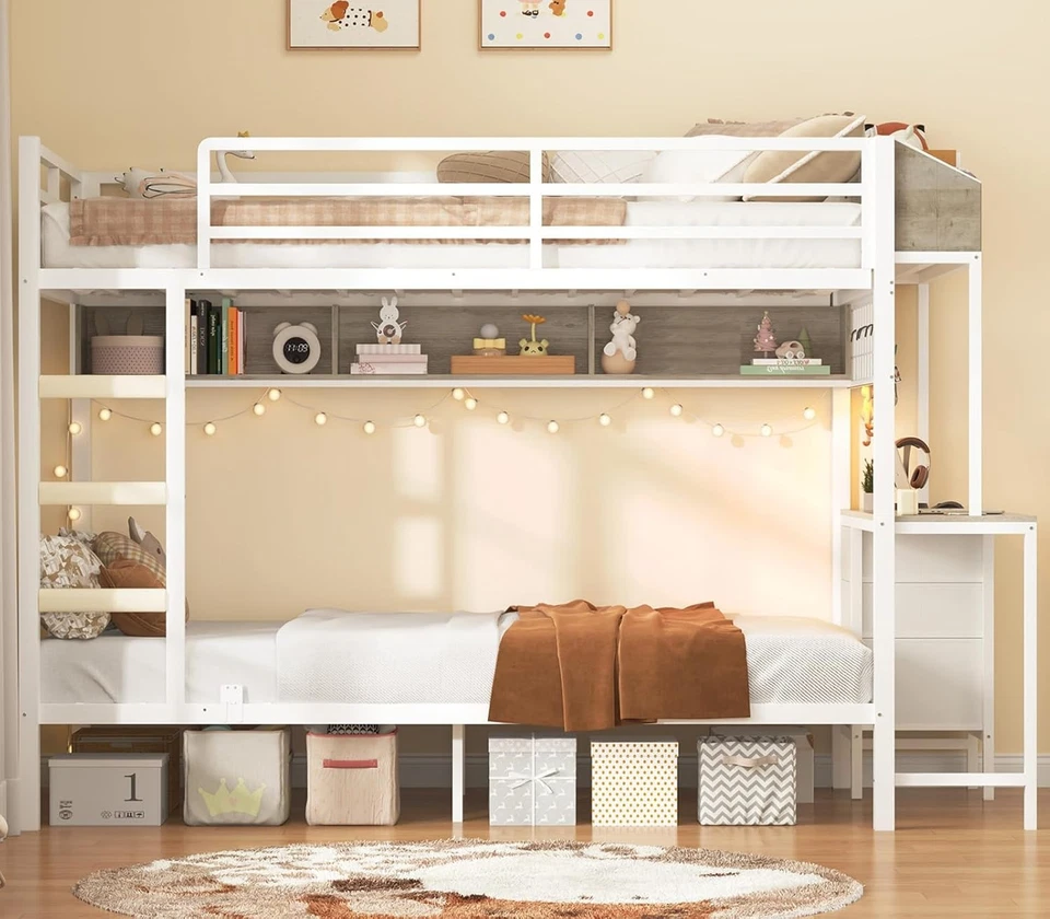 Двухъярусная кровать Twin Over Twin со столом и 3 ящиками для хранения, светодиодная кровать и зарядная станция - Изображение 2 из 3