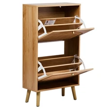 Modern Freestanding Shoe Cabinet with 2 Flip Drawers 2-Tier Shoe Rack Natural