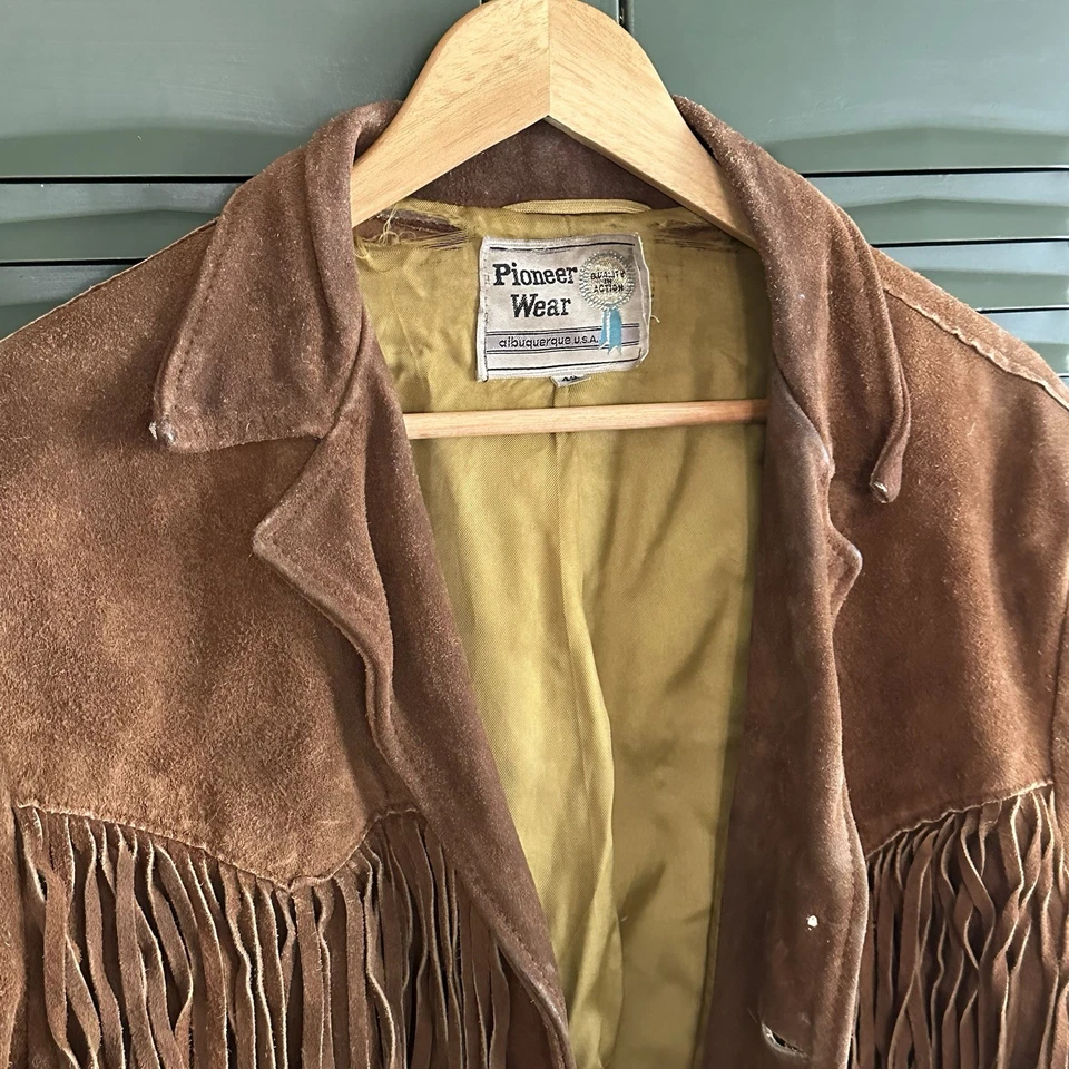 Chaqueta Pioneer Wear Para Hombres 42 Abrigo Vintage Gamuza Cuero Vaquero Occidental Flecos Foto 3 de 4