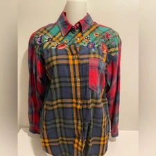 QPS Brand Women's Small Vintage Flannel Button Down Shirt Floral Embroidery 90s