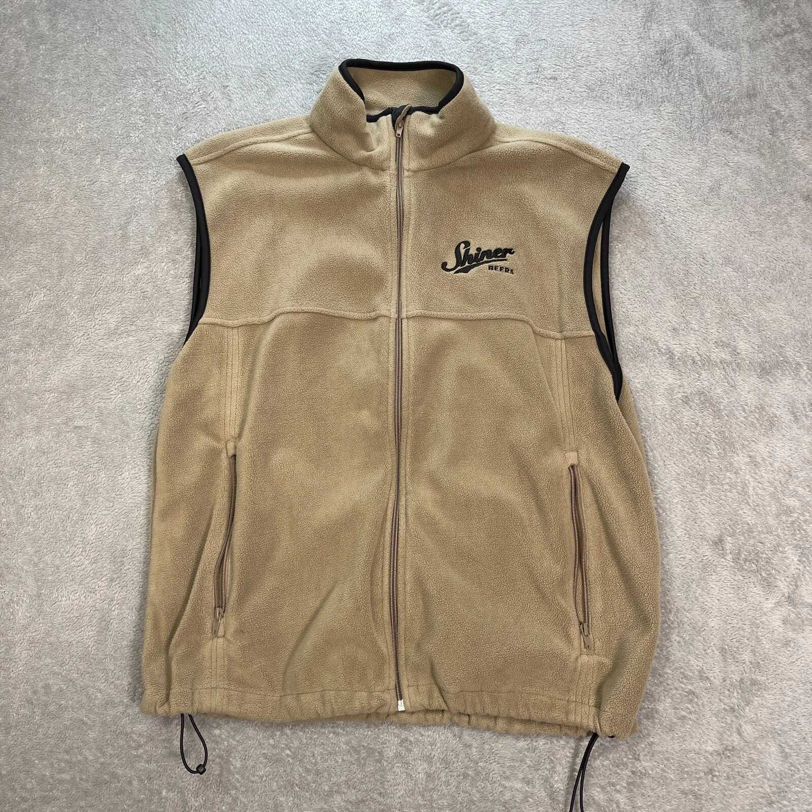 Chestnut Hill Shiner Beers Fleece Vest Sleeveless Zip Pockets Tan Black Trim