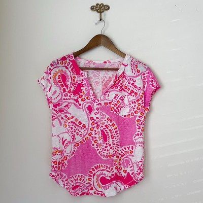 Lilly Pulitzer Trunk In Love Duval Split Neck Linen Top Small