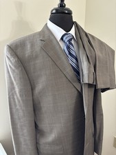 Jos A Bank Suit Men 44L 37x33 Brown Plaid Wool 2 Piece Set Signature Gold Tan