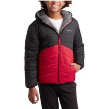 Eddie Bauer Reversible Puffer Jacket Black Red Hooded Fleece Kids Size M 10-12 