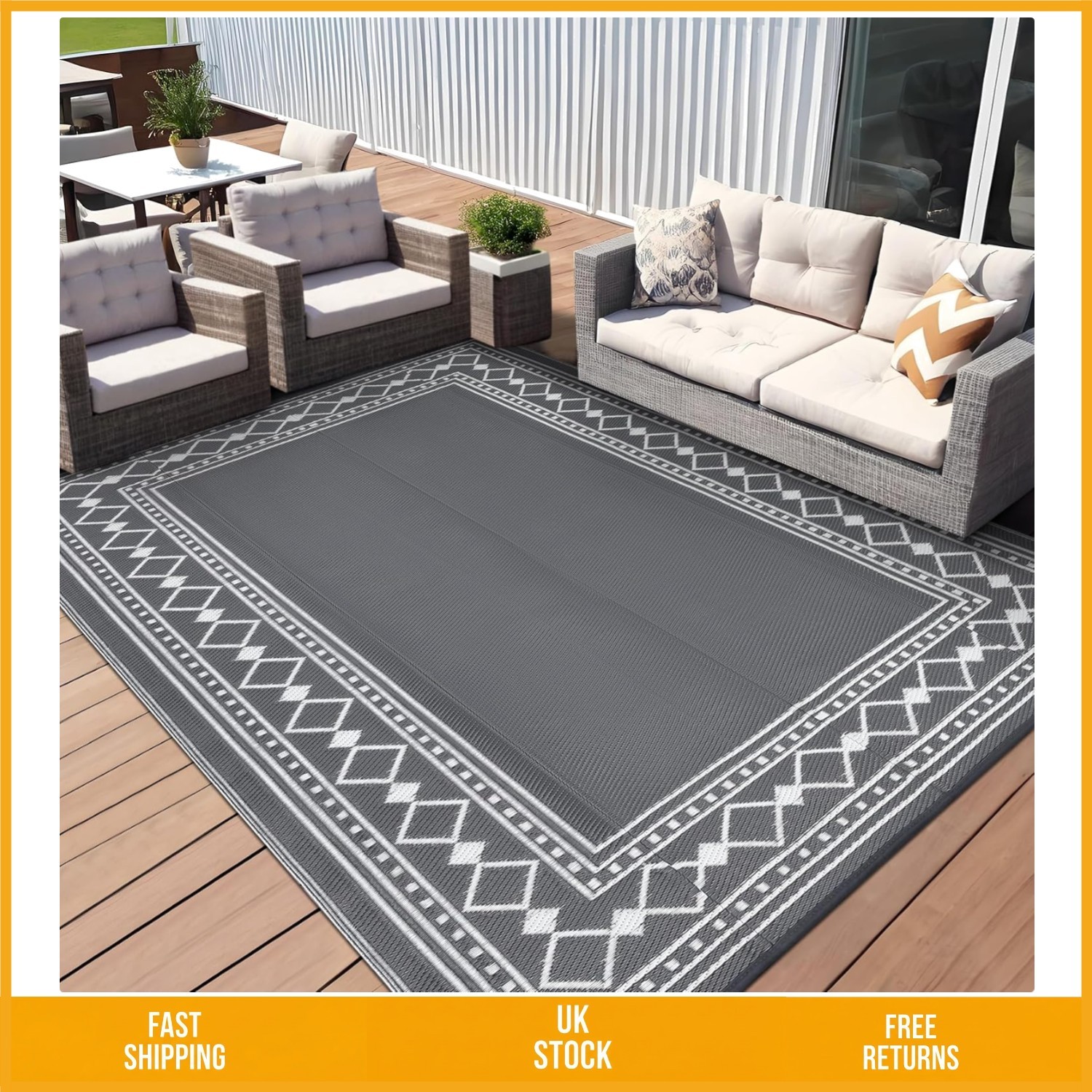 Stylish Reversible Geometric Waterproof Outdoor Plastic Straw Rug 150x240cm