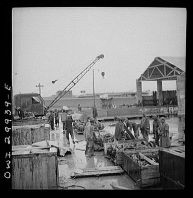Shipyard Workers Docks Crane Pier Construction 1940s Black and White Photo