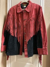 Bob Mackie Wearable Art Leather Fringe Color Block Button Up Lined Jacket