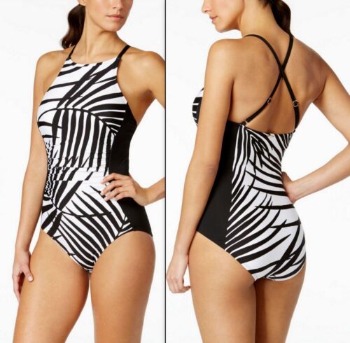 Calvin Klein High-Neck Cross-Back One-Piece Swimsuit Women's Black/White Size 12