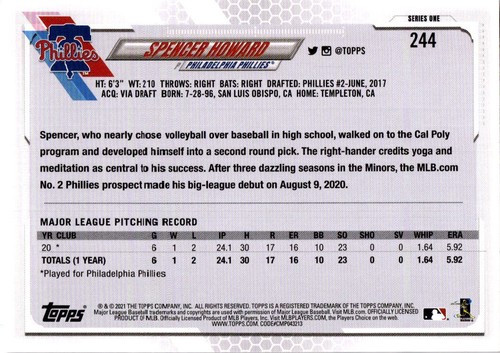 2021 Topps #244 Spencer Howard 70th Anniversary Celebration - Bild 2 von 2