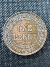 1916 Penny Coin - Australian King George V Dot Below scroll