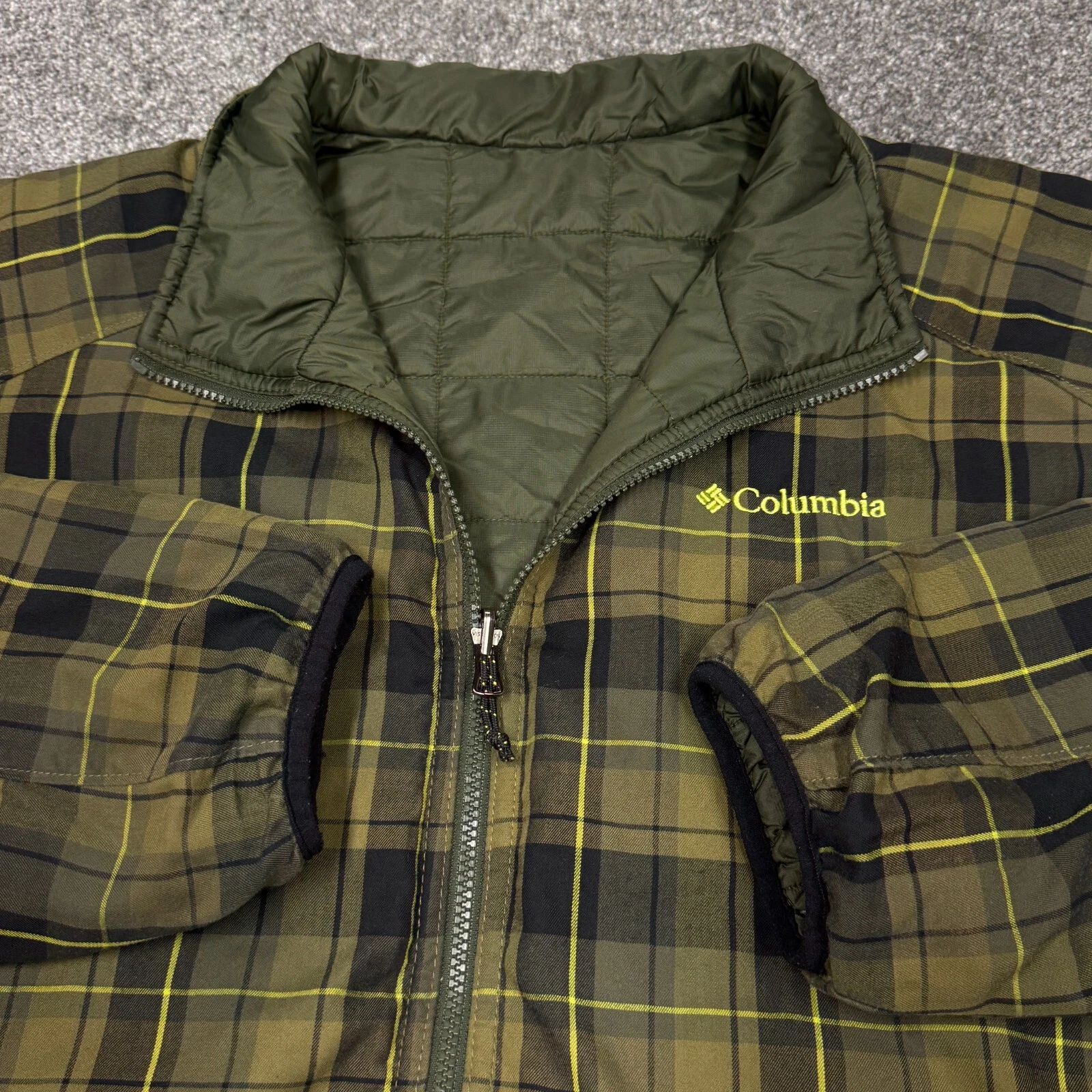 Columbia Jacket Men 2XL Green Winter Zip Up Reversible Warm Coat Plaid Puffer