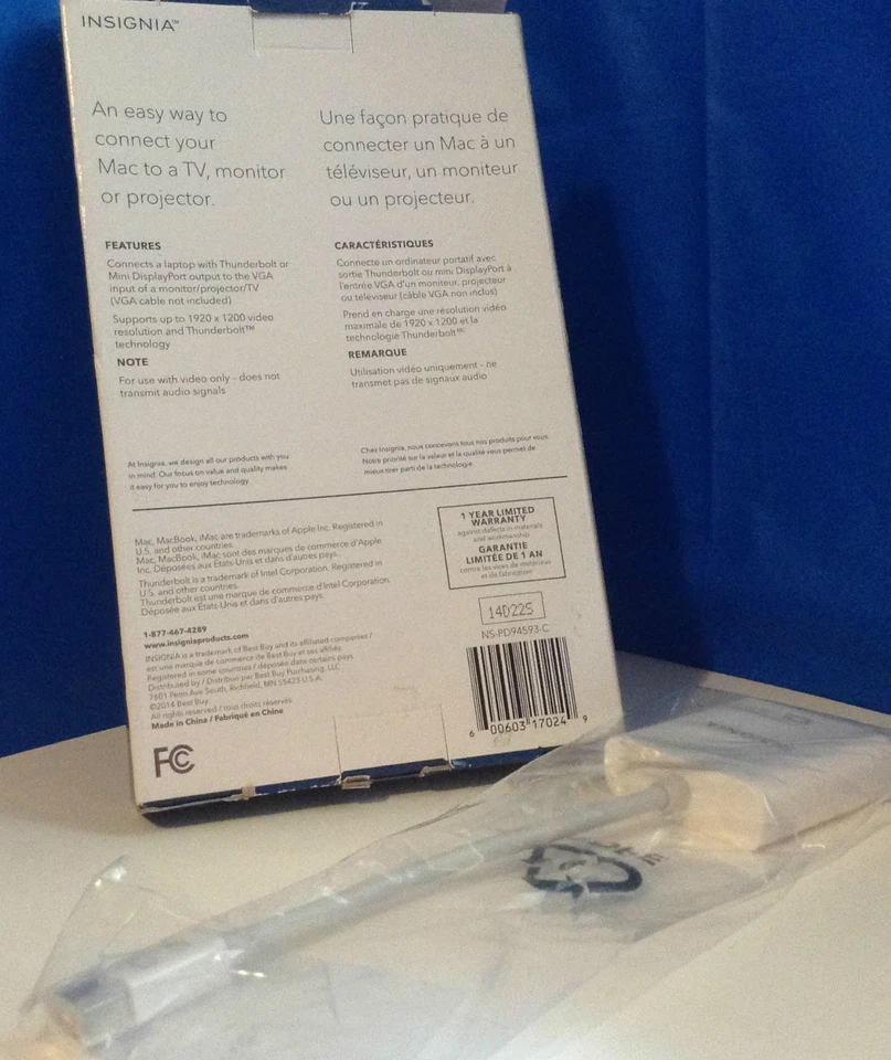 New! INSIGNIA MINI DISPLAY PORT TO VGA ADAPTER FOR MACBOOK & iMAC - NS-PD94593-C - Image 2 of 2