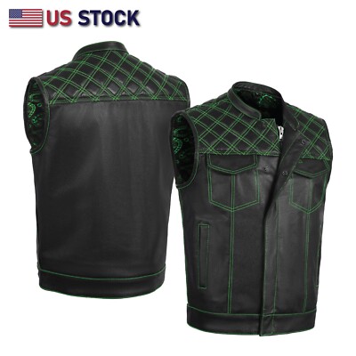 GREEN HL11693SPTGREEN Black Men Cross Stitch Club Leather Vest
