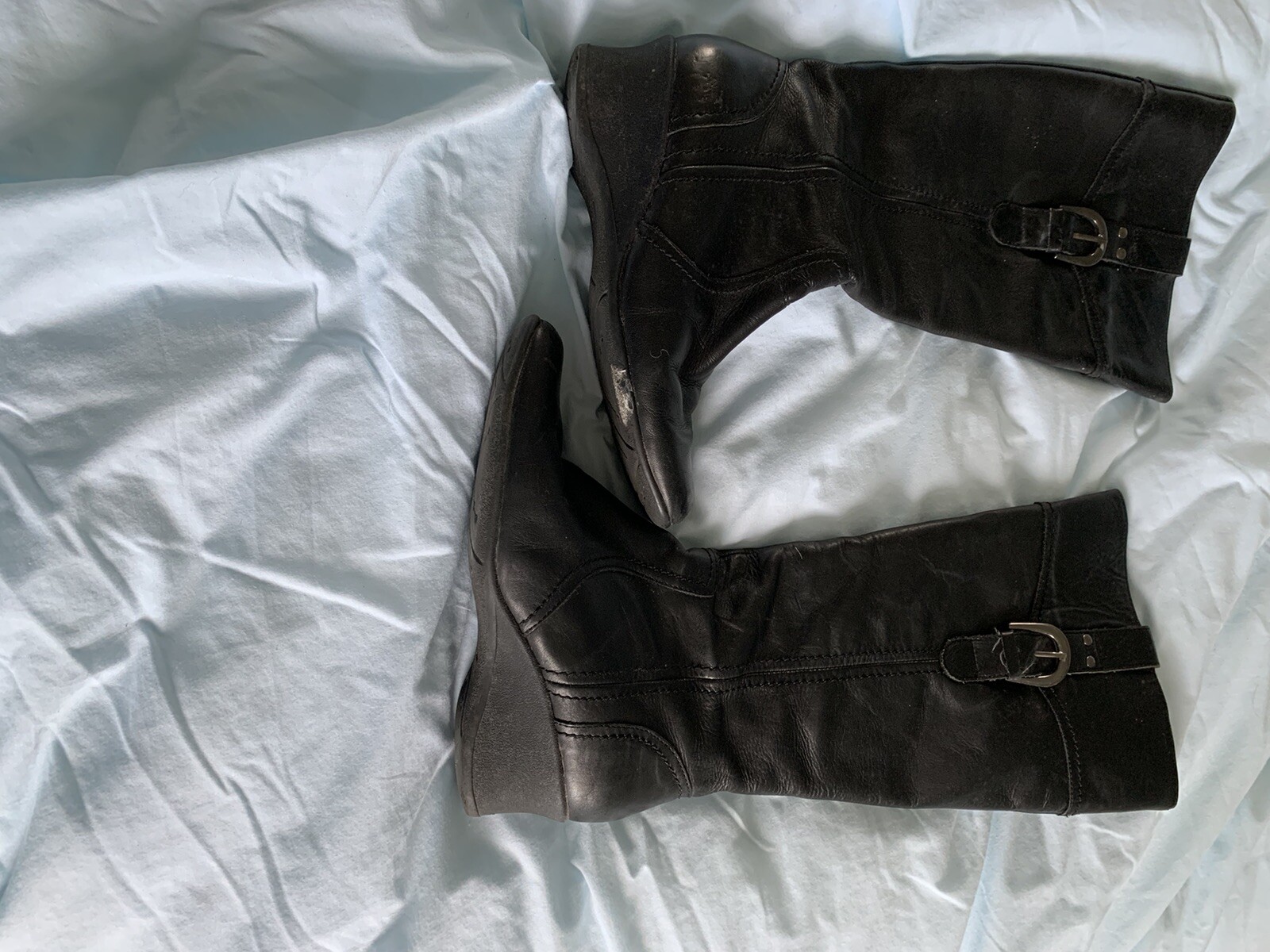 Next Boots Size 5 Black Leather Round Toe Wedge Heel Knee High Boot