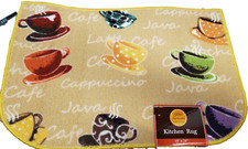 PRINTED NYLON KITCHEN RUG nonskid 16"x24" 9 COFFEE CUPS ON YELLOW,D Shape, KE