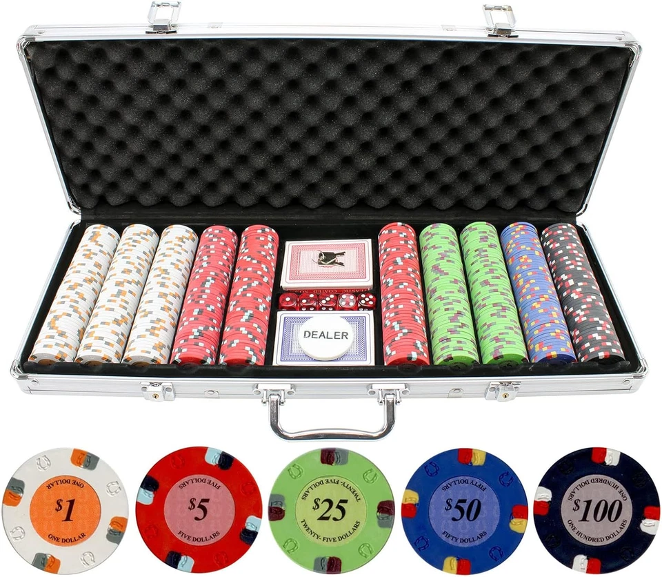 13.5G 500Pc Lucky Horseshoe Clay Poker Chips Set - Las Vegas Casino Quality Poke - Image 2 of 4
