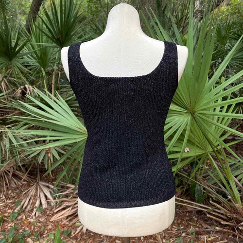 Vintage 80s Sparkling Black Knit Sleeveless Blouse Tank Scoop Disco Gardy Size M - Picture 3 of 8