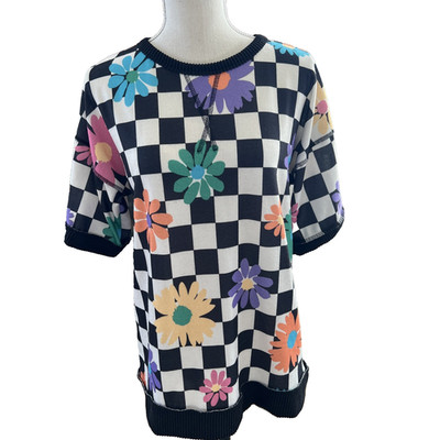 Vintage Heimish USA M Multi-Color Pullover Sweater Short Slvs Checkerboard/Florl