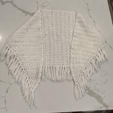 Handmade White Crochet Shawl Wrap With Tassels One Size Granny Cottage Boho
