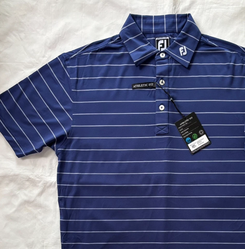 Camisa polo de golf Footjoy para hombre con estampado de tejido de canasta azul blanco parche talla M Foto 2 de 4