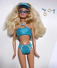 Vintage Barbie Lt Turquoise Blue PEARL BEACH 2-Piece Swimsuit w/Earrings Visor 