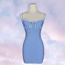 Y2k Windsor Blue White Lace Trim Satin Bow Spaghetti Strap Bodycon Mini Dress M