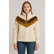 Womens Mystree Fuzzy Faux Fur Pullover Sweater Brown Chevron Pattern Small