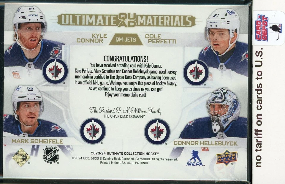 2023-24 Ultimate Collection Quad Materials Gold Patch #JETS Hellebuyck +++ 43/49 - Image 2 of 2