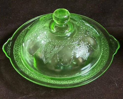 Georgian Lovebirds Butter Dish Green Uranium Federal Glass Vaseline Mint 1931 - Picture 14 of 19
