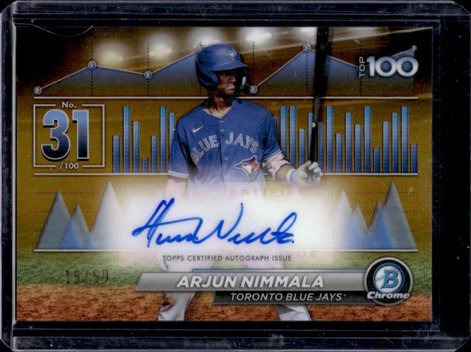 2024 Bowman Arjun Nimmala Scouts' Top 100 Auto Gold Refractor #15/50 Blue Jays