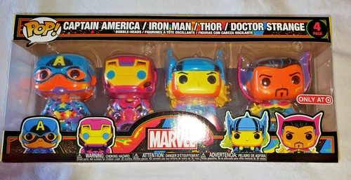 Funko Pop! Marvel Black Light 4-Pack Captain America Thor Iron Man Dr Strange!