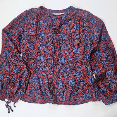 Roller Rabbit Silk Blend Tunic Top Womens XS Red Blue Floral Balloon Sleeve